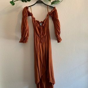 Burnt orange off the shoulder dress